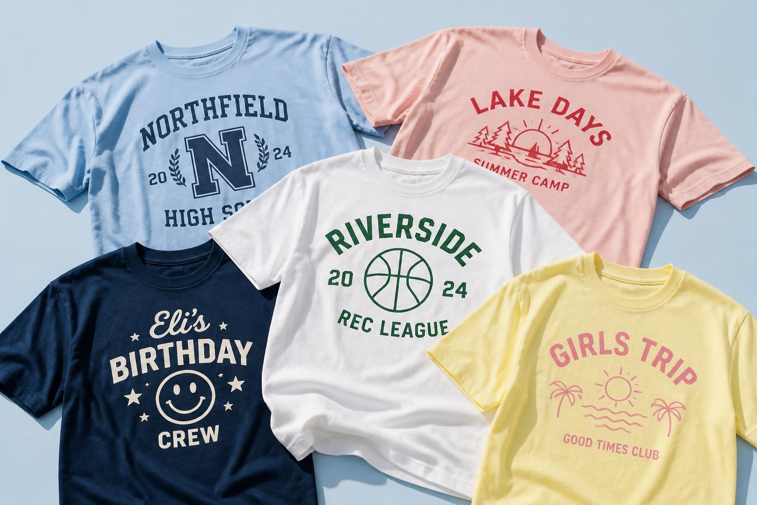 Custom shirts for a school, camp, rec league, birthday, and friend trip